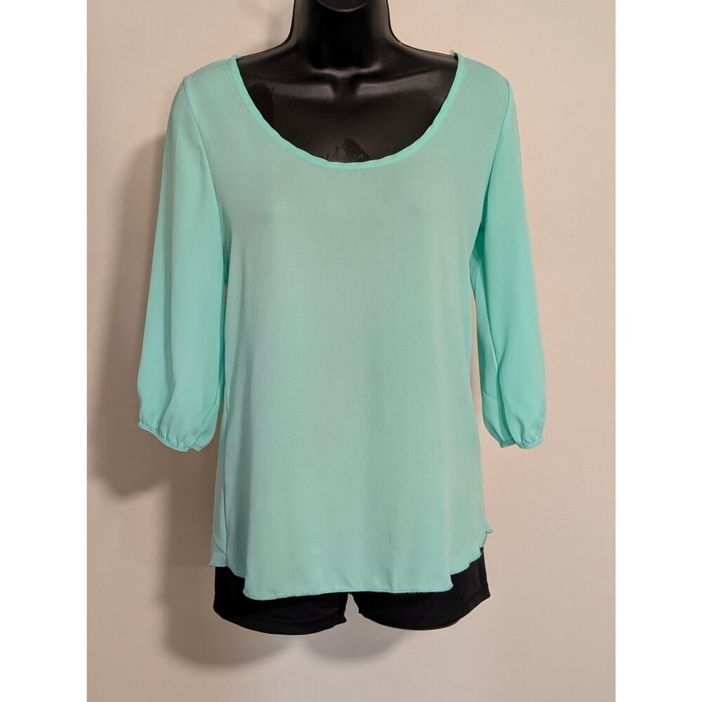 Rue21 Aqua Blue Green Lace Back Bow Blouse Top 3/4 Sleeve Xsmall